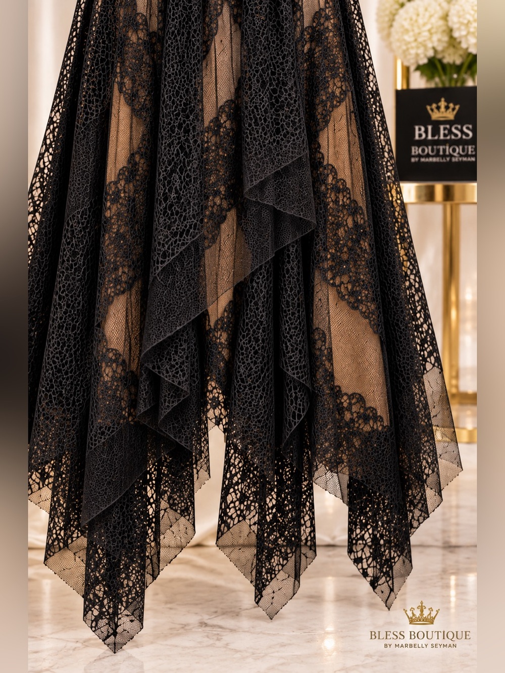 NWT BCBGMAXAZRIA Andi Black Nude Lace Asymmetrical Gown Size 2 - Picture 13 of 16